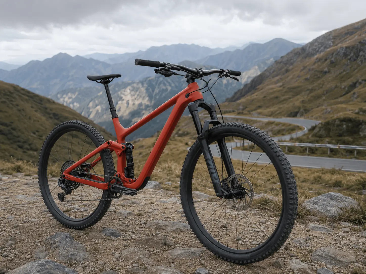 山景前的紅色全避震登山自行車